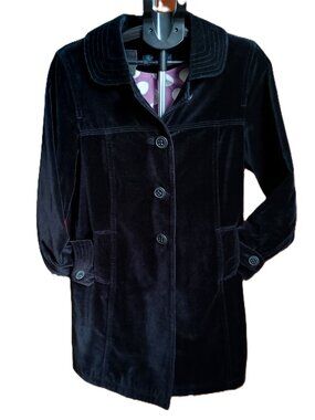 Boden Black Velvet Like Knee-Length Coat w/Purple & White Dot Lining Women’s 14